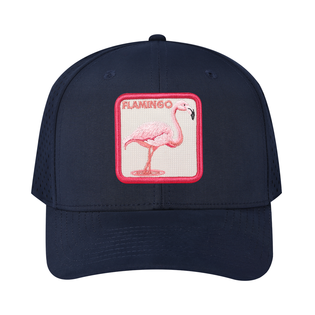 Flamingo 6-Panel Microfiber Laser Hole Trucker Hat with Navy front and Navy back