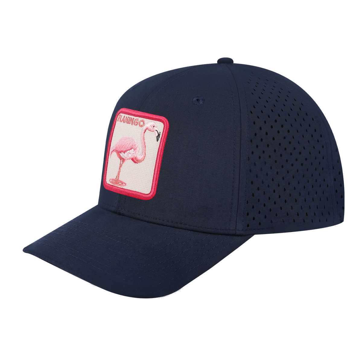 Flamingo 6-Panel Microfiber Laser Hole Trucker Hat with Navy front and Navy back