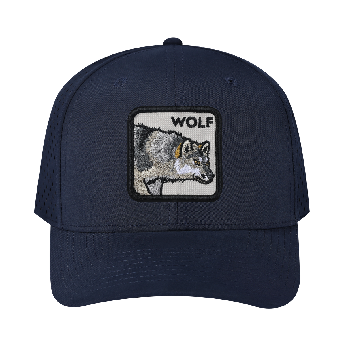 Wolf 6-Panel Microfiber Laser Hole Trucker Hat with Navy front and Navy back