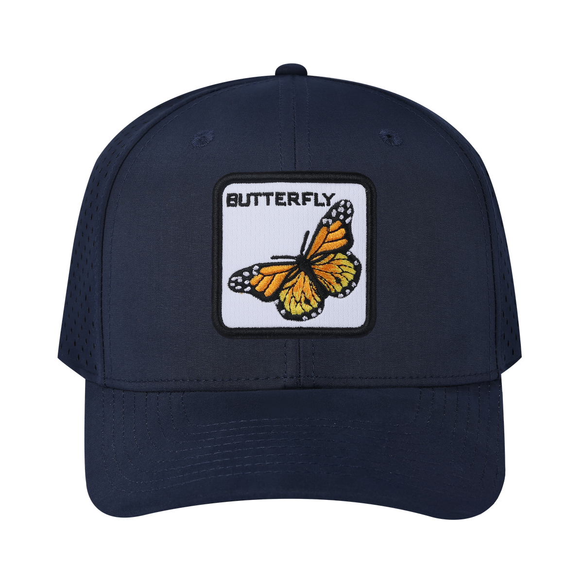 Butterfly 6-Panel Microfiber Laser Hole Trucker Hat with Navy front and Navy back