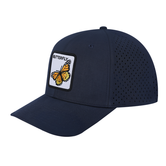 Butterfly 6-Panel Microfiber Laser Hole Trucker Hat with Navy front and Navy back
