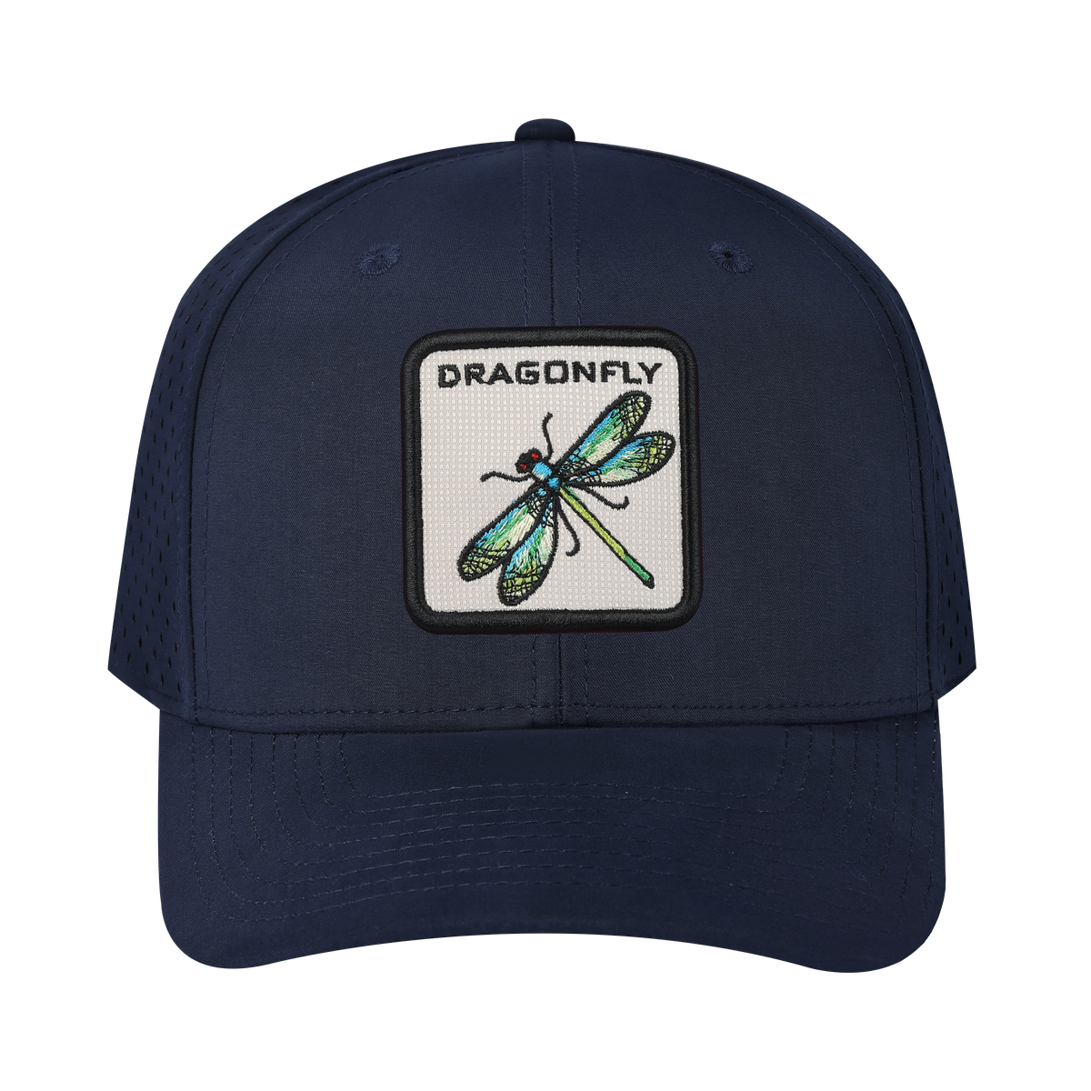 Dragonfly 6-Panel Microfiber Laser Hole Trucker Hat with Navy front and Navy back