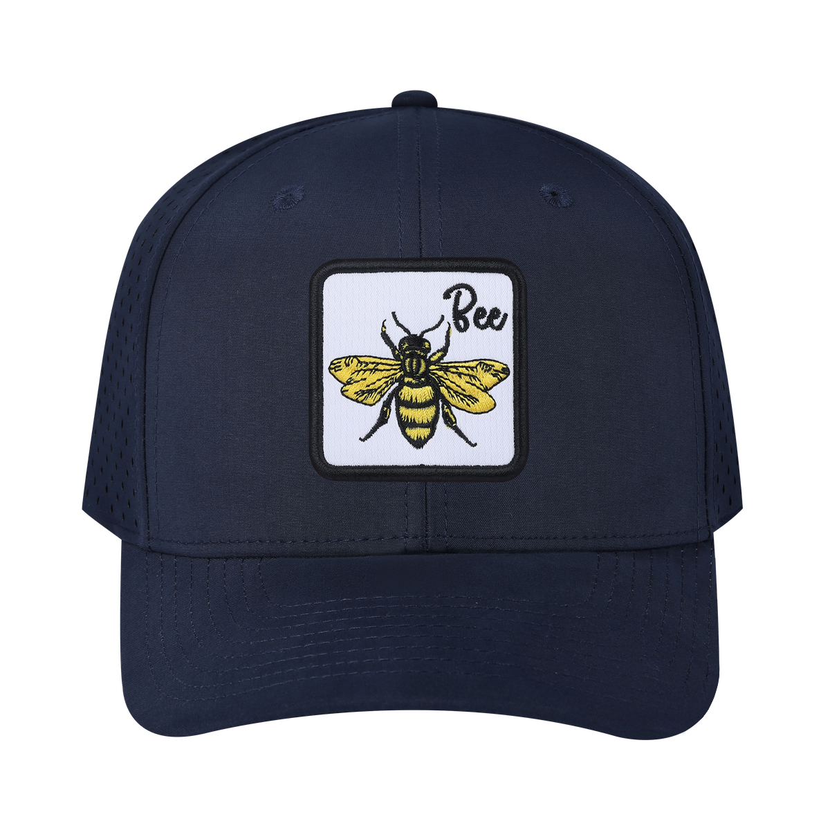 Bee 6-Panel Microfiber Laser Hole Trucker Hat with Navy front and Navy back