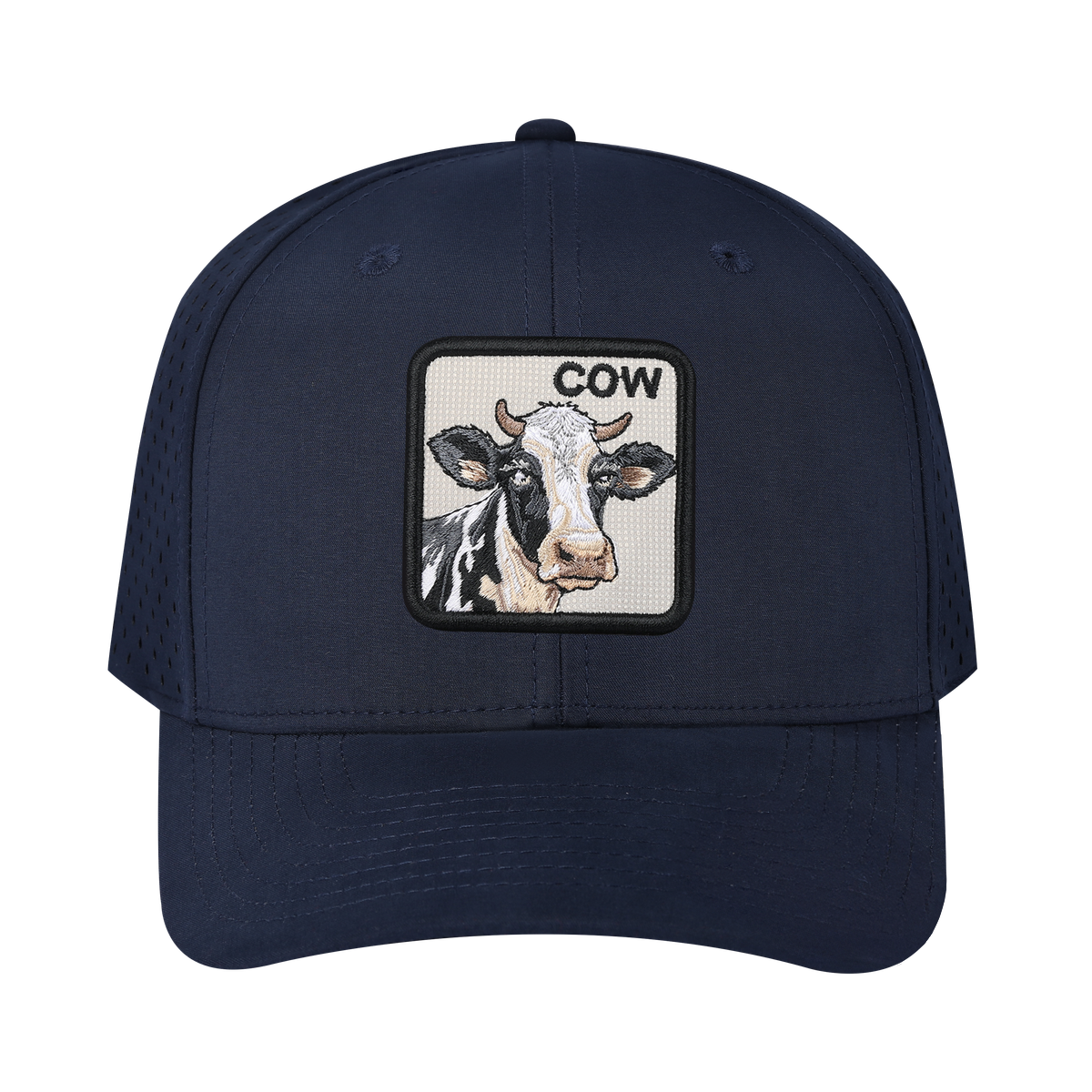 Cow 6-Panel Microfiber Laser Hole Trucker Hat with Navy front and Navy back