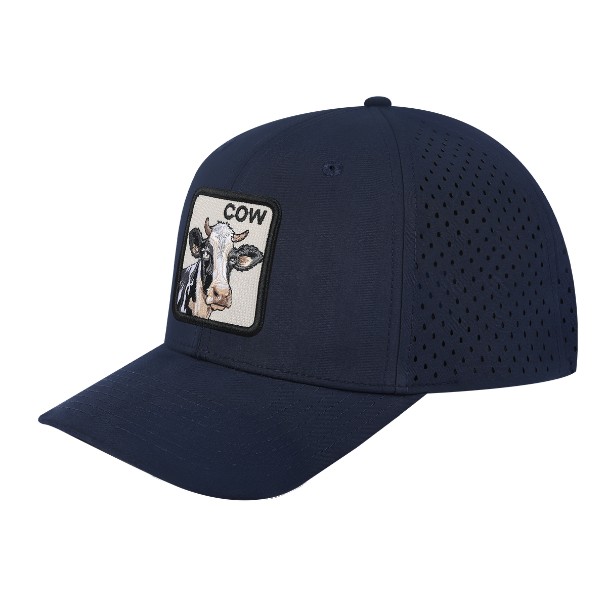 Cow 6-Panel Microfiber Laser Hole Trucker Hat with Navy front and Navy back