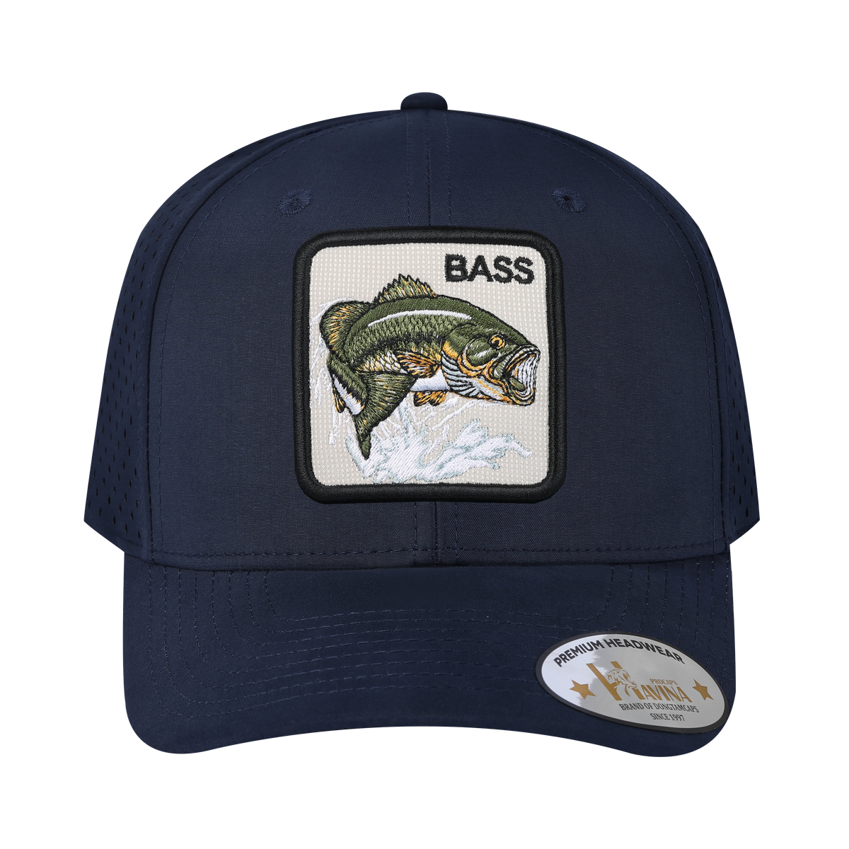 Bass 6-Panel Microfiber Laser Hole Trucker Hat with Navy front and Navy back