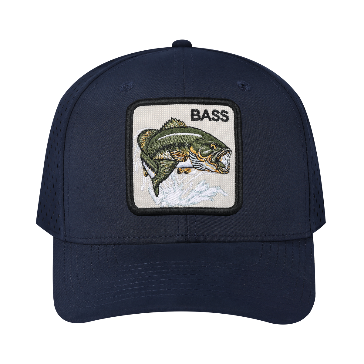 Bass 6-Panel Microfiber Laser Hole Trucker Hat with Navy front and Navy back
