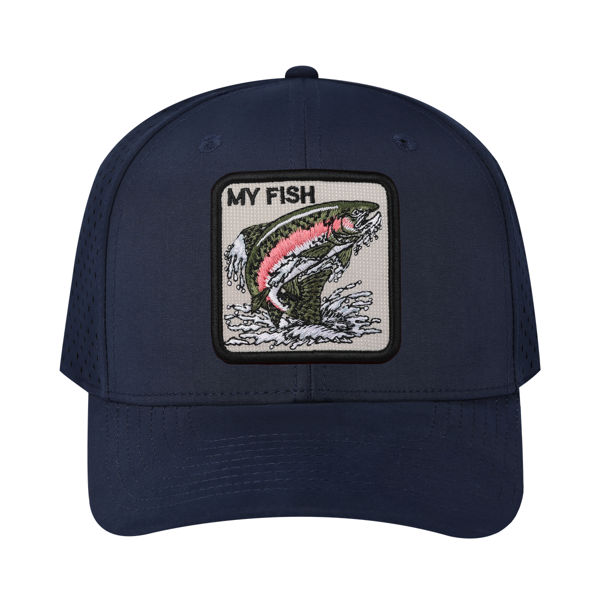 My Fish 6-Panel Microfiber Laser Hole Trucker Hat with Navy front and Navy back