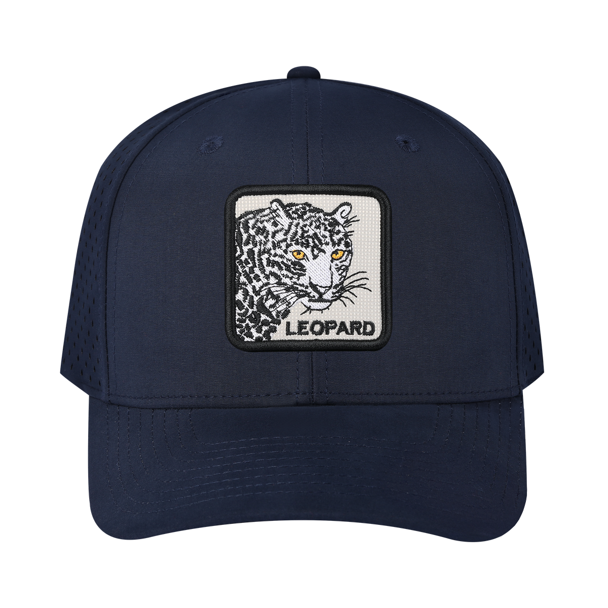 Leopard 6-Panel Microfiber Laser Hole Trucker Hat with Navy front and Navy back