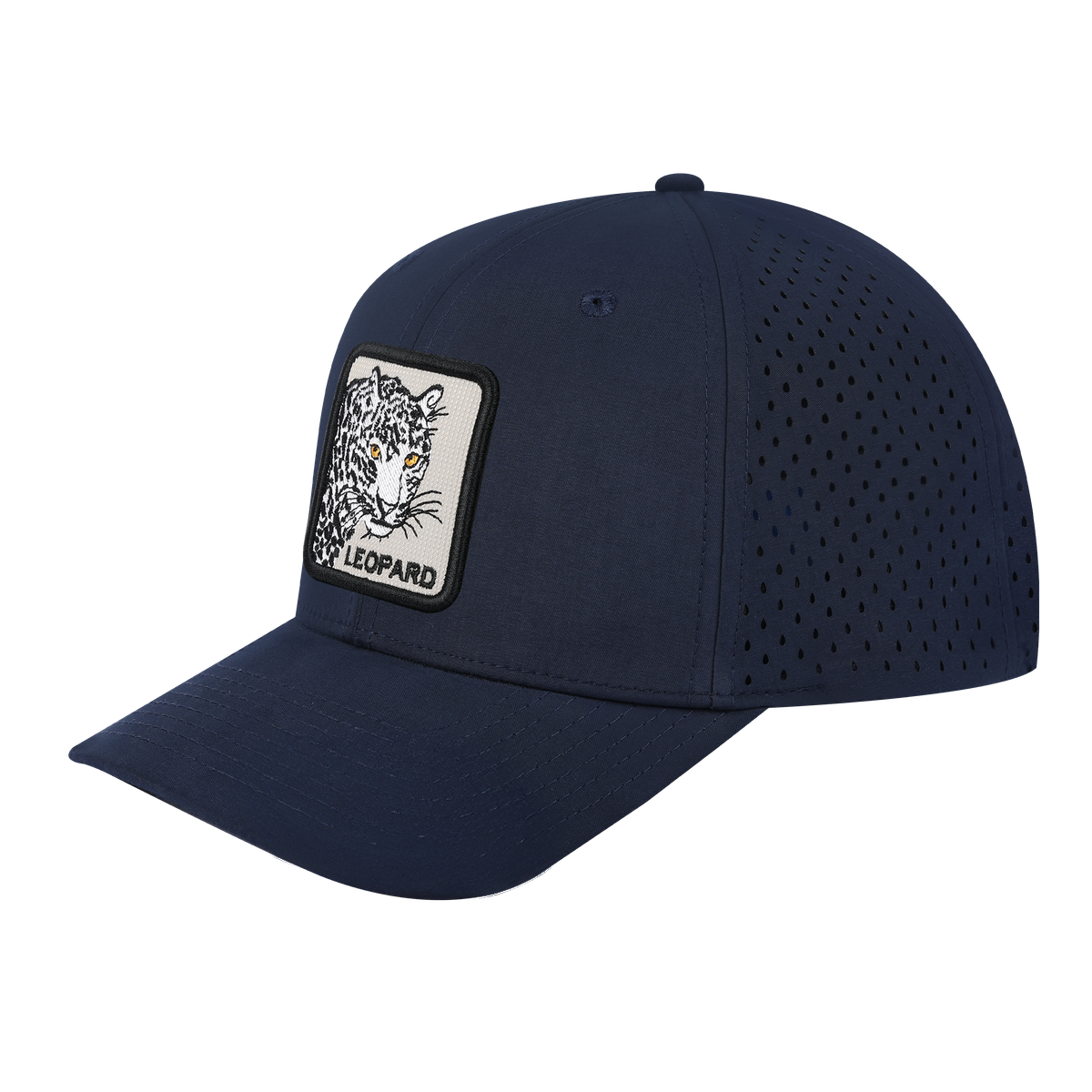 Leopard 6-Panel Microfiber Laser Hole Trucker Hat with Navy front and Navy back