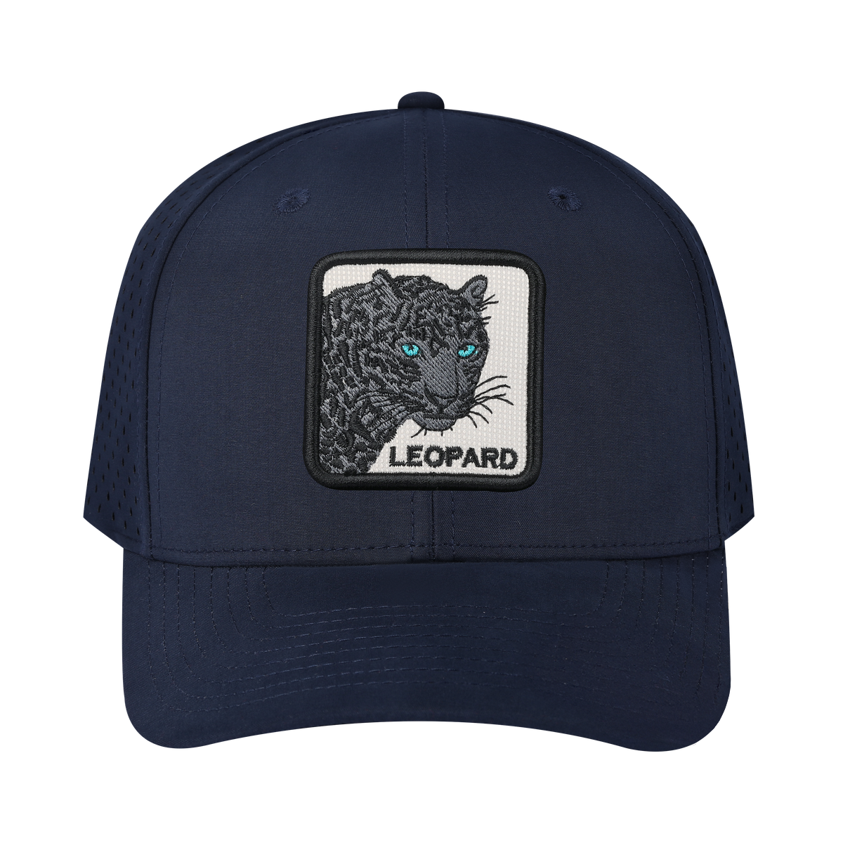 Leopard V2 6-Panel Microfiber Laser Hole Trucker Hat with Navy front and Navy back
