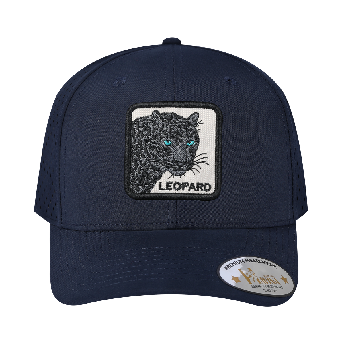 Leopard V2 6-Panel Microfiber Laser Hole Trucker Hat with Navy front and Navy back