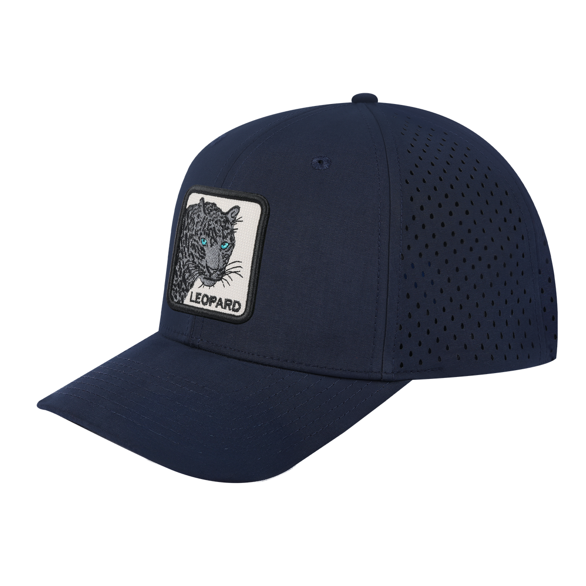 Leopard V2 6-Panel Microfiber Laser Hole Trucker Hat with Navy front and Navy back