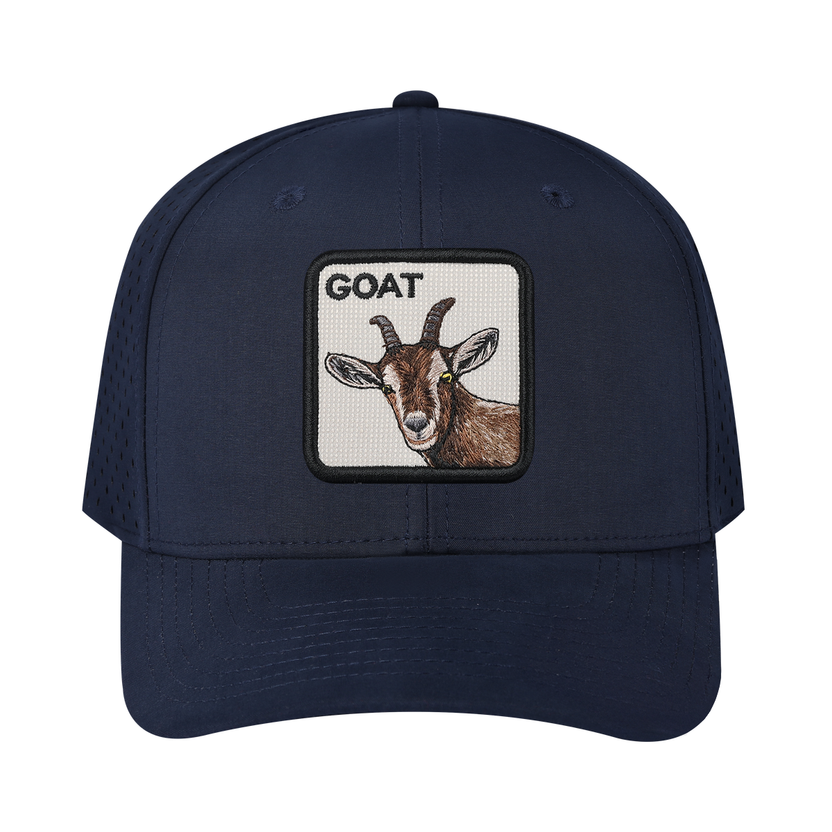 Goat 6-Panel Microfiber Laser Hole Trucker Hat with Navy front and Navy back