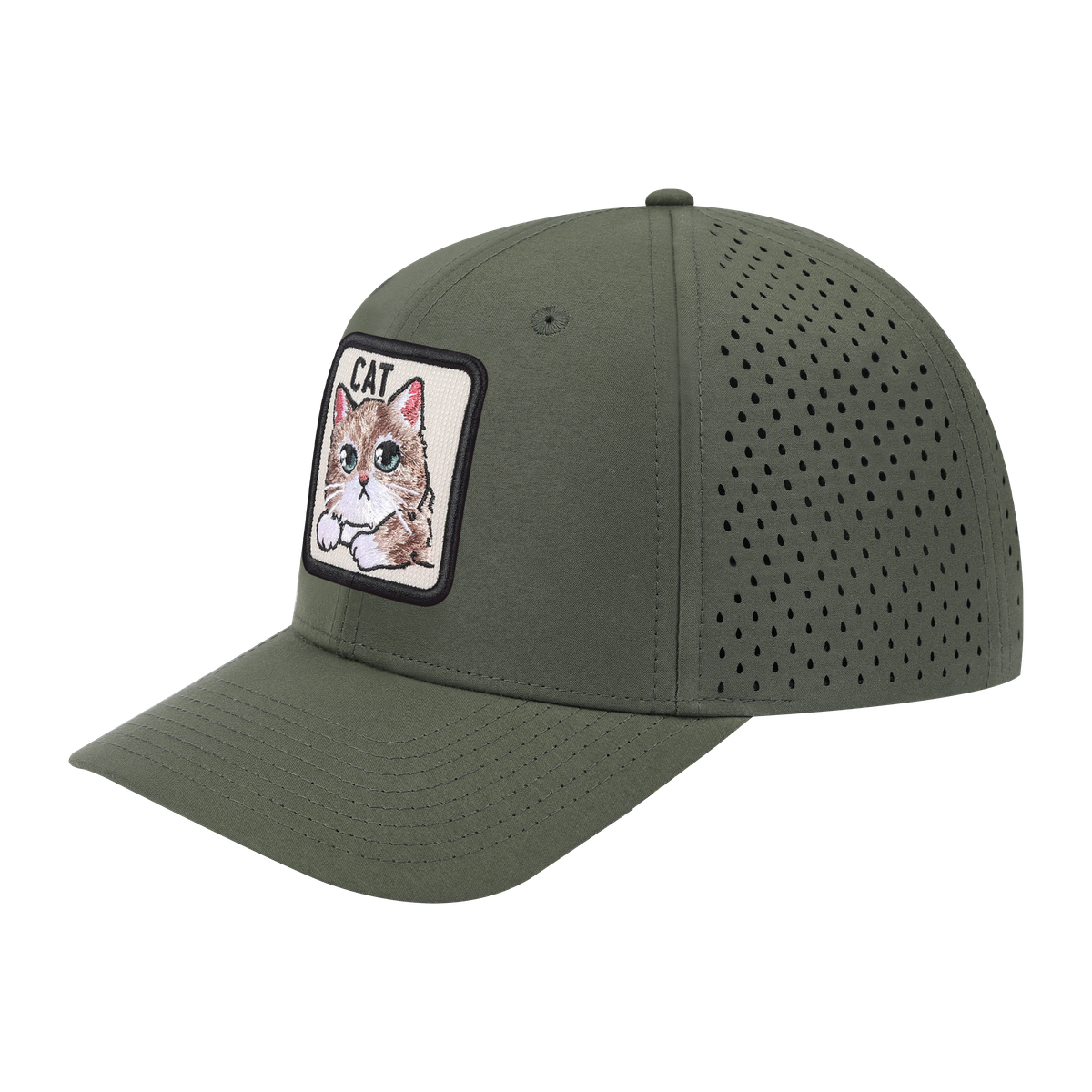 Cat 6-Panel Microfiber Laser Hole Trucker Hat with Olive front and Olive back