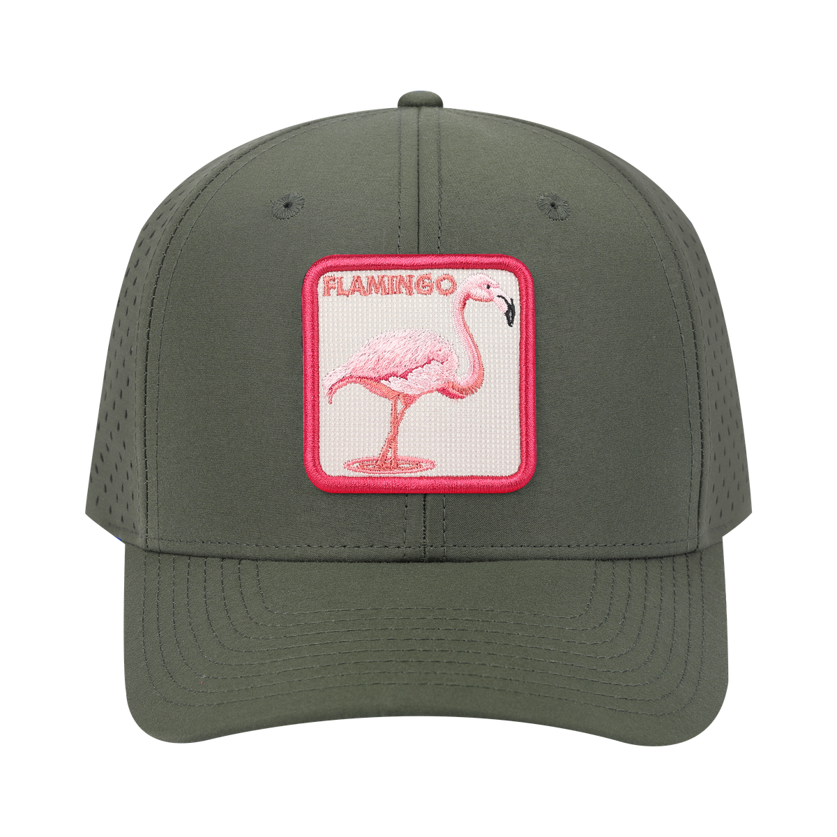 Flamingo 6-Panel Microfiber Laser Hole Trucker Hat with Olive front and Olive back