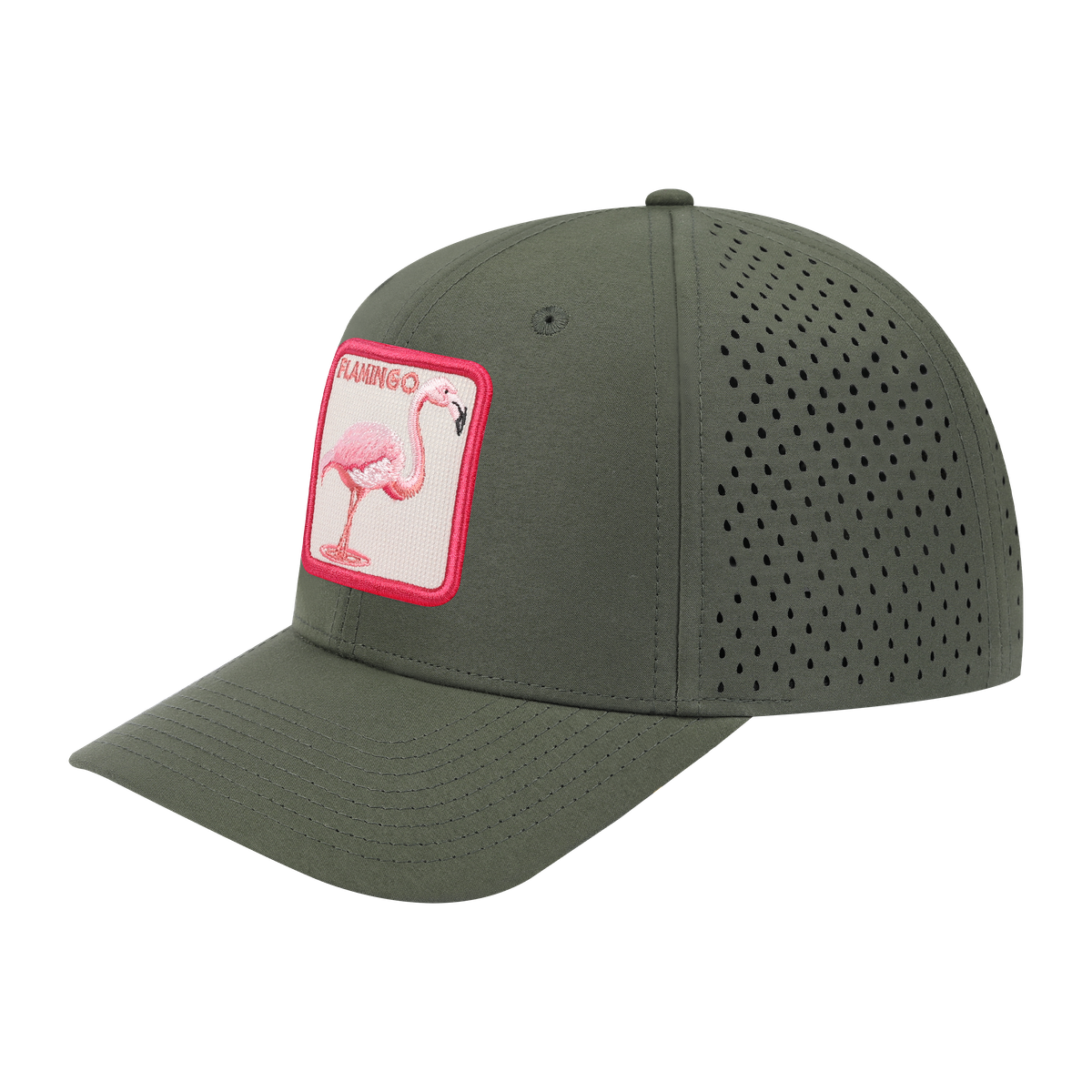 Flamingo 6-Panel Microfiber Laser Hole Trucker Hat with Olive front and Olive back