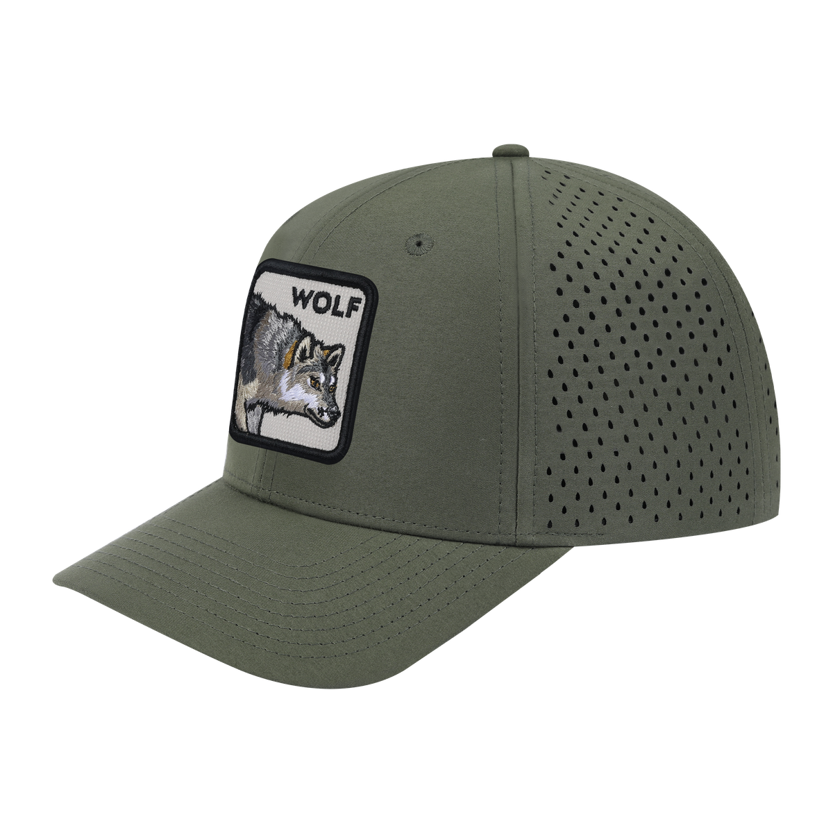 Wolf 6-Panel Microfiber Laser Hole Trucker Hat with Olive front and Olive back