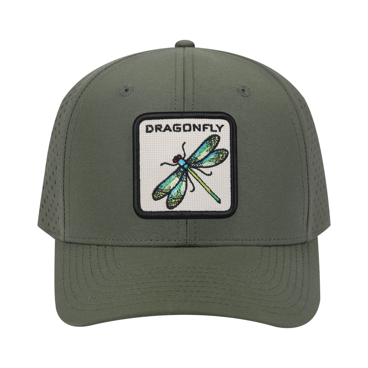 Dragonfly 6-Panel Microfiber Laser Hole Trucker Hat with Olive front and Olive back