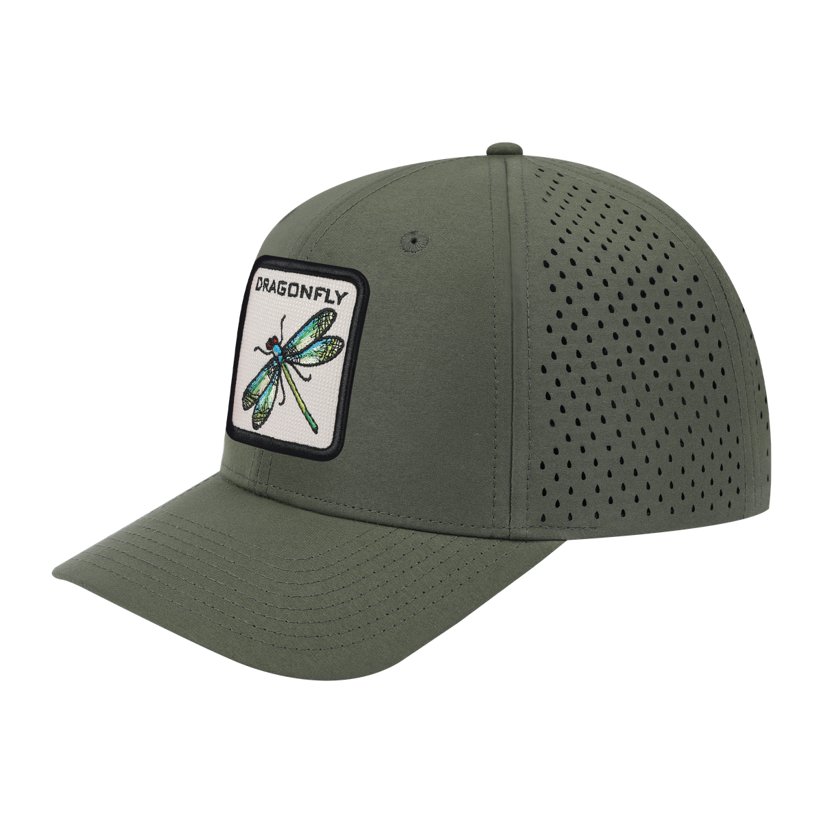 Dragonfly 6-Panel Microfiber Laser Hole Trucker Hat with Olive front and Olive back