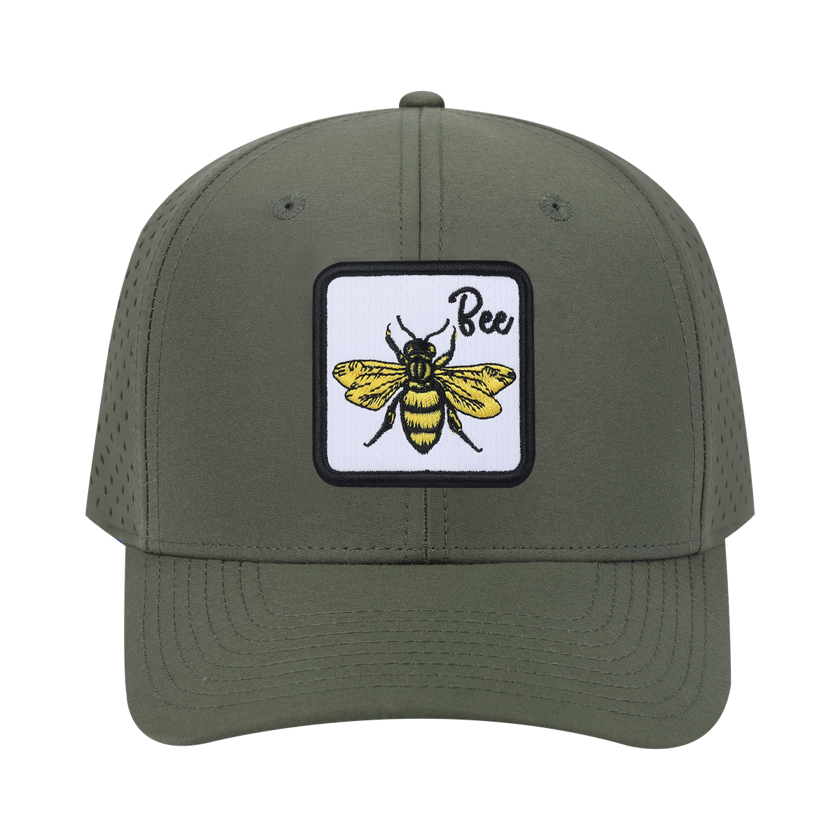Bee 6-Panel Microfiber Laser Hole Trucker Hat with Olive front and Olive back