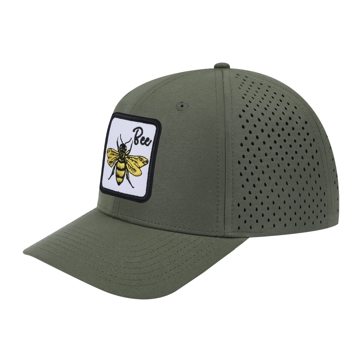 Bee 6-Panel Microfiber Laser Hole Trucker Hat with Olive front and Olive back