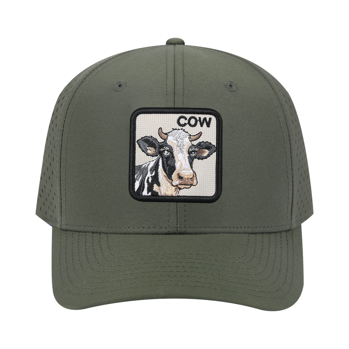 Cow 6-Panel Microfiber Laser Hole Trucker Hat with Olive front and Olive back