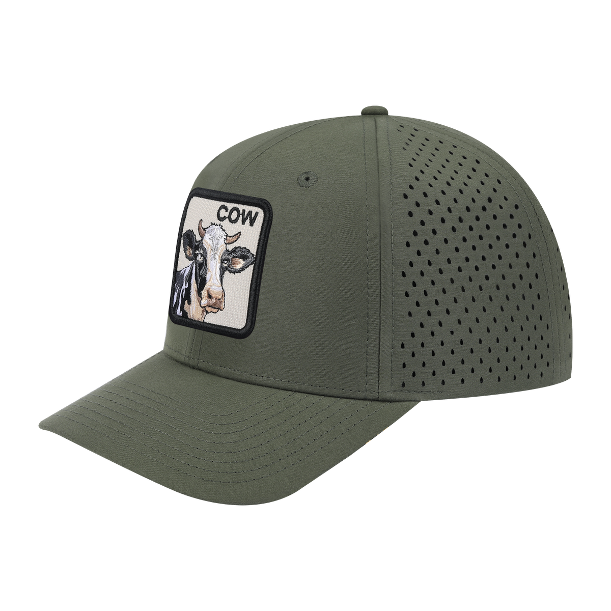 Cow 6-Panel Microfiber Laser Hole Trucker Hat with Olive front and Olive back