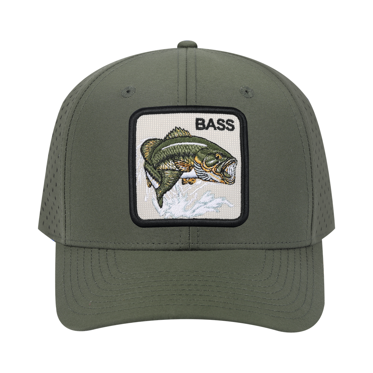 Bass 6-Panel Microfiber Laser Hole Trucker Hat with Olive front and Olive back