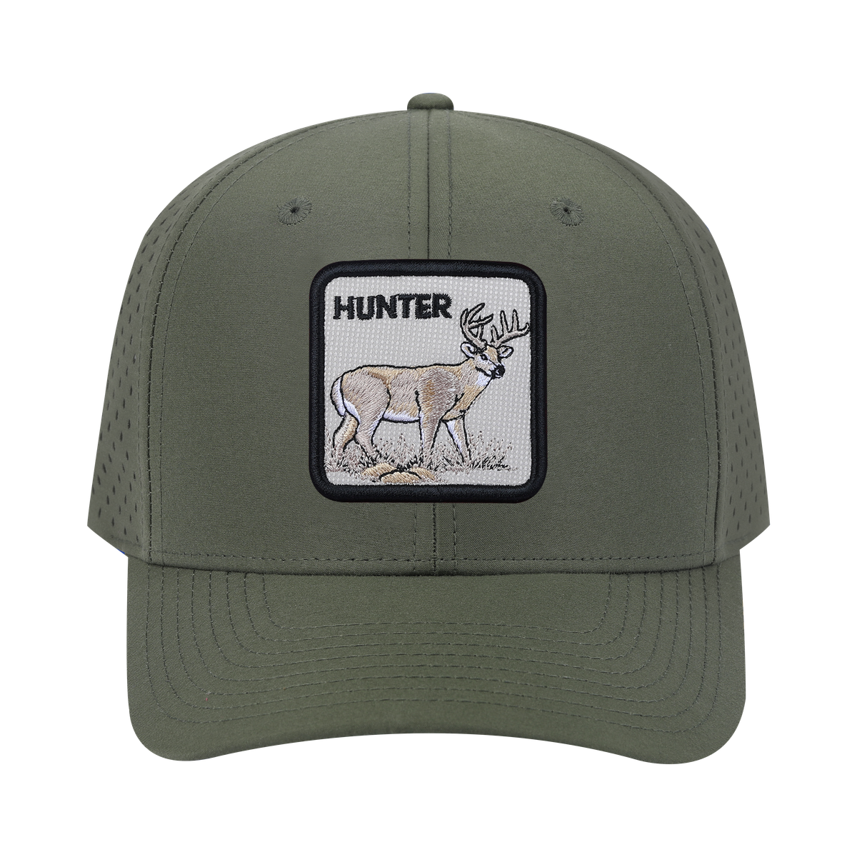Hunter 6-Panel Microfiber Laser Hole Trucker Hat with Olive front and Olive back