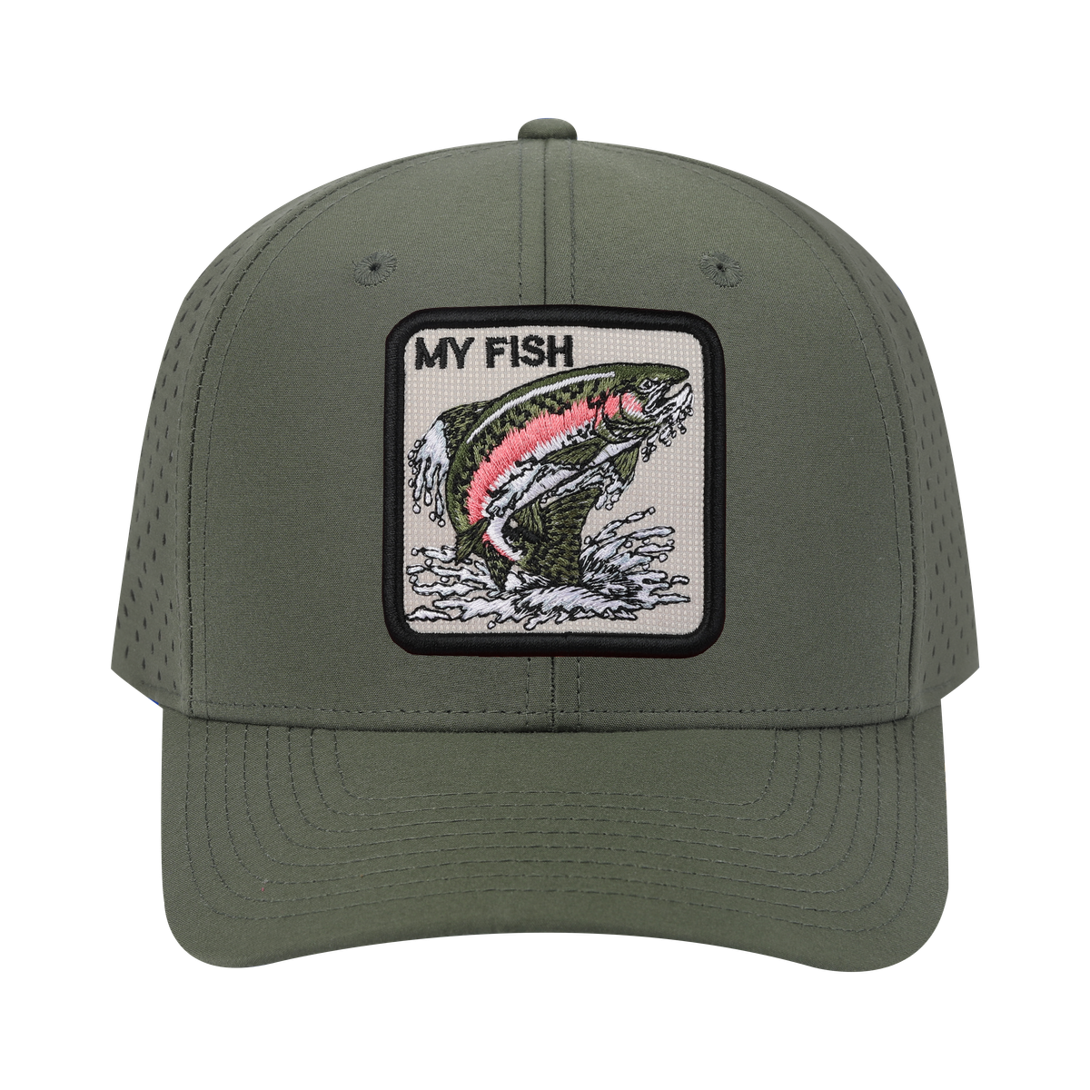 My Fish 6-Panel Microfiber Laser Hole Trucker Hat with Olive front and Olive back