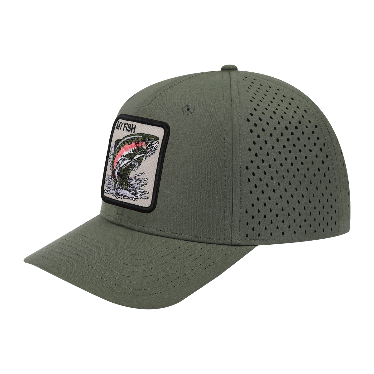 My Fish 6-Panel Microfiber Laser Hole Trucker Hat with Olive front and Olive back