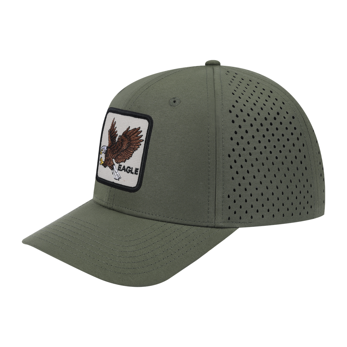 Eagle 6-Panel Microfiber Laser Hole Trucker Hat with Olive front and Olive back