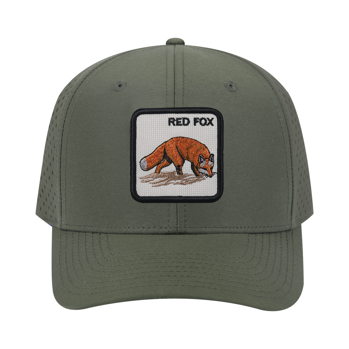 Red Fox 6-Panel Microfiber Laser Hole Trucker Hat with Olive front and Olive back
