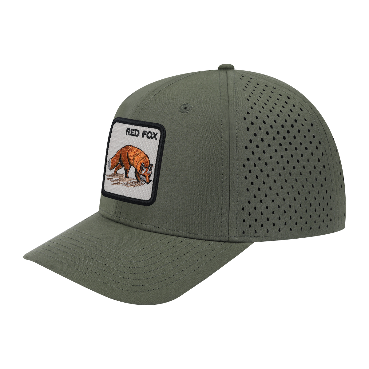 Red Fox 6-Panel Microfiber Laser Hole Trucker Hat with Olive front and Olive back