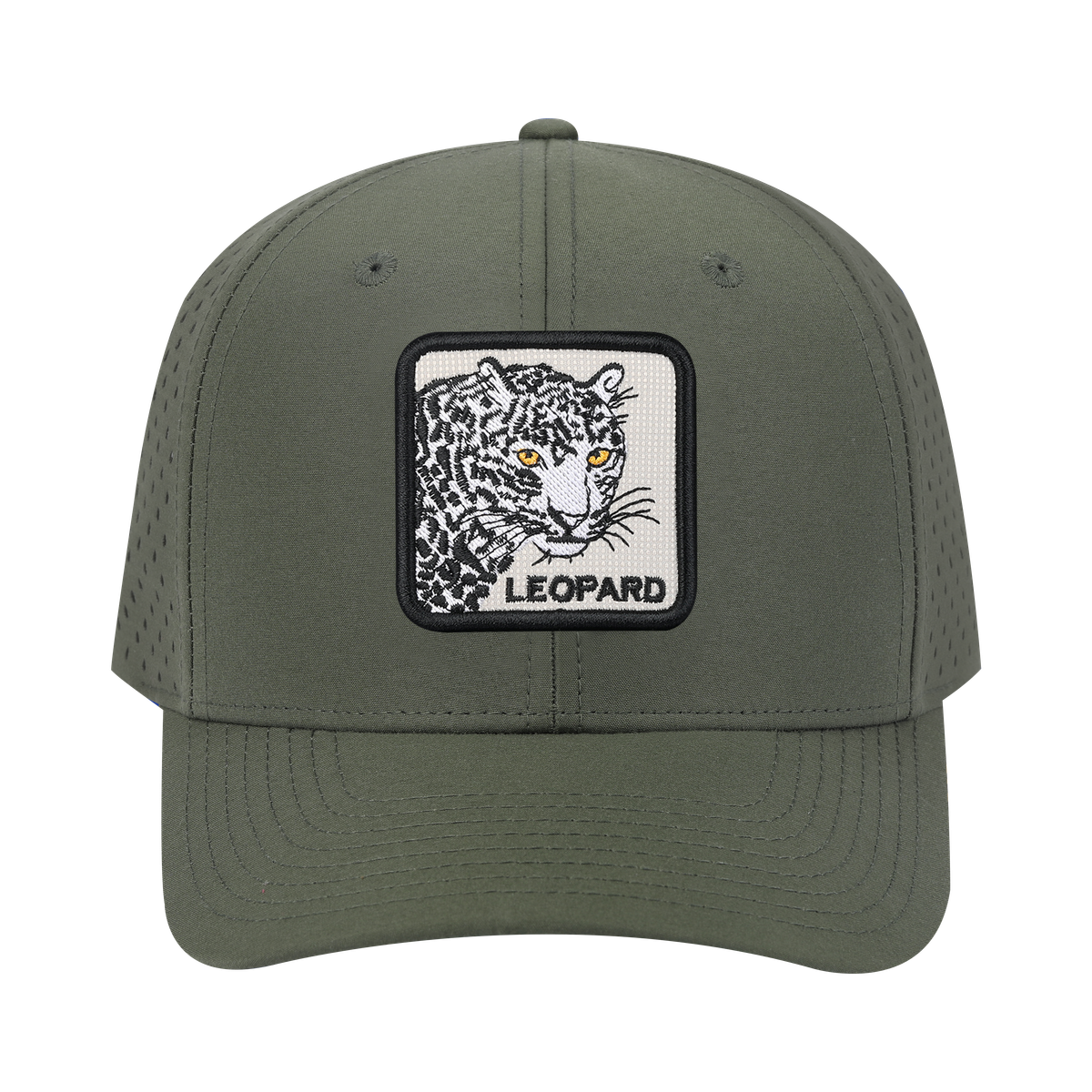 Leopard 6-Panel Microfiber Laser Hole Trucker Hat with Olive front and Olive back