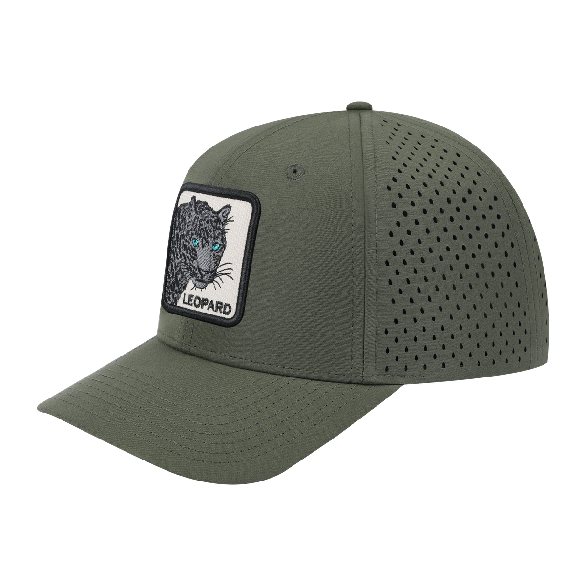 Leopard V2 6-Panel Microfiber Laser Hole Trucker Hat with Olive front and Olive back