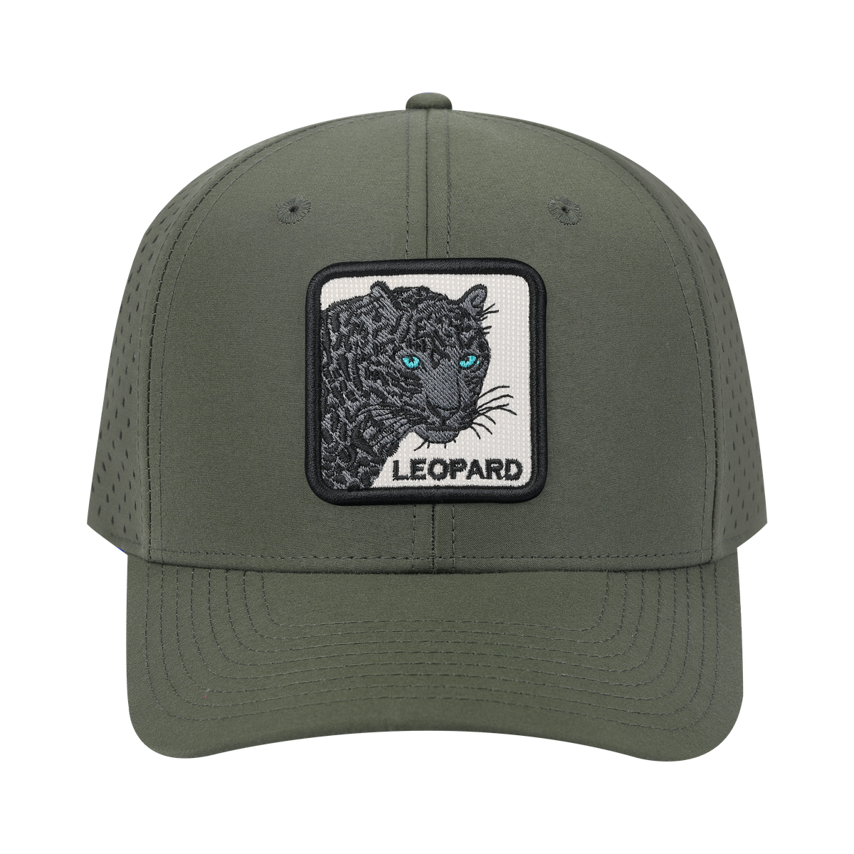 Leopard V2 6-Panel Microfiber Laser Hole Trucker Hat with Olive front and Olive back