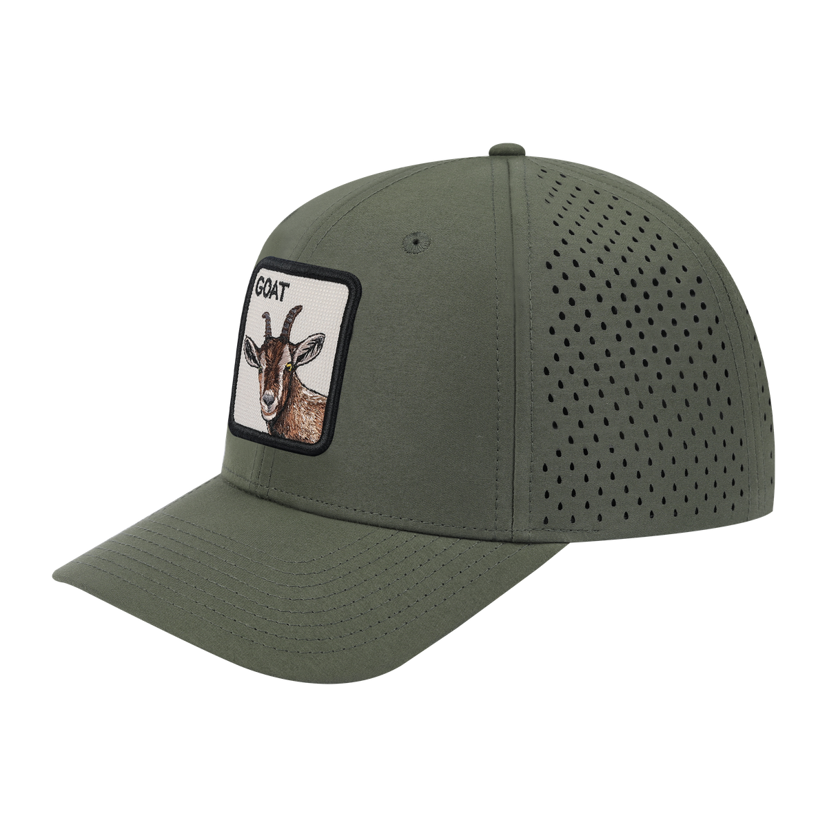 Goat 6-Panel Microfiber Laser Hole Trucker Hat with Olive front and Olive back