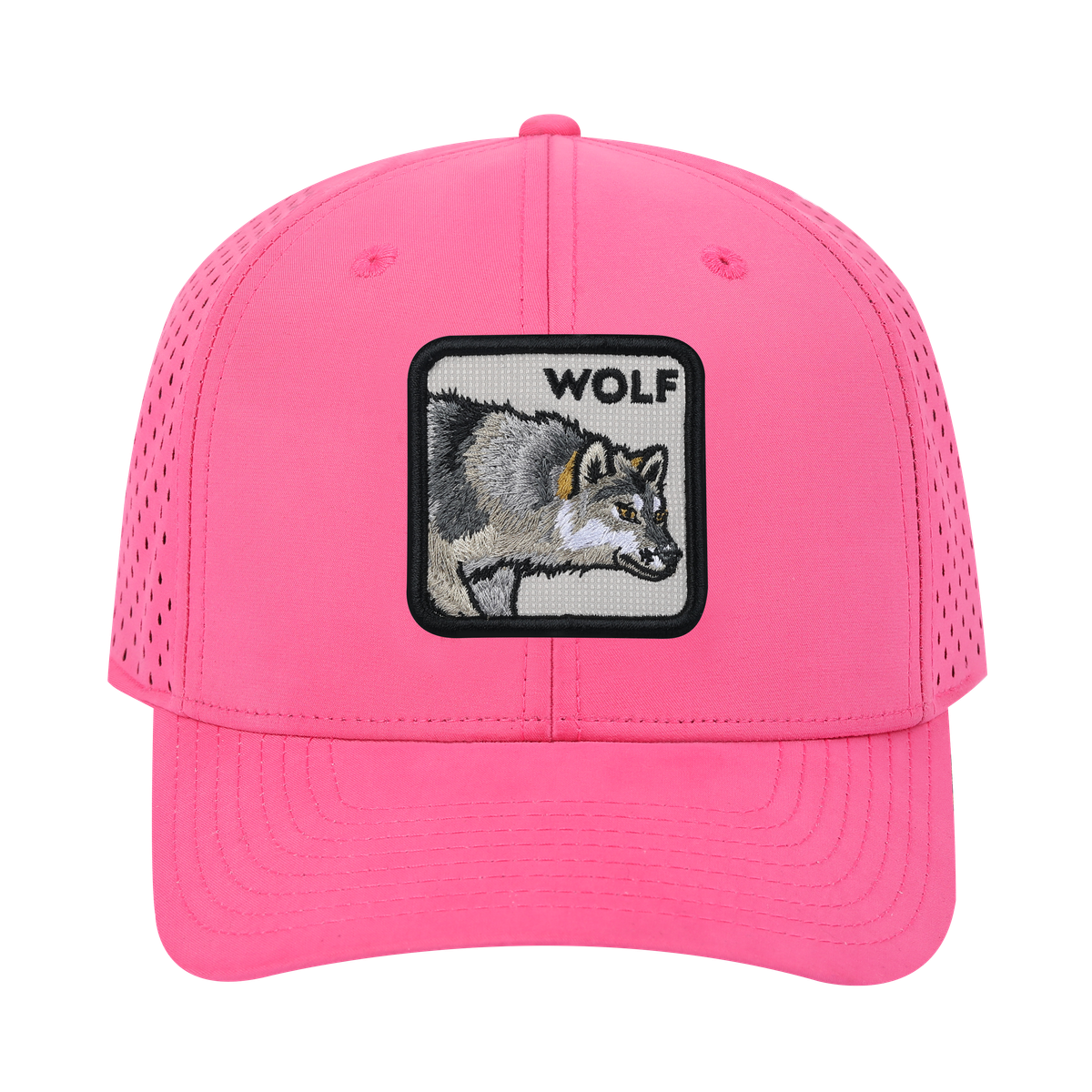 Wolf 6-Panel Microfiber Laser Hole Trucker Hat with Pink front and Pink back