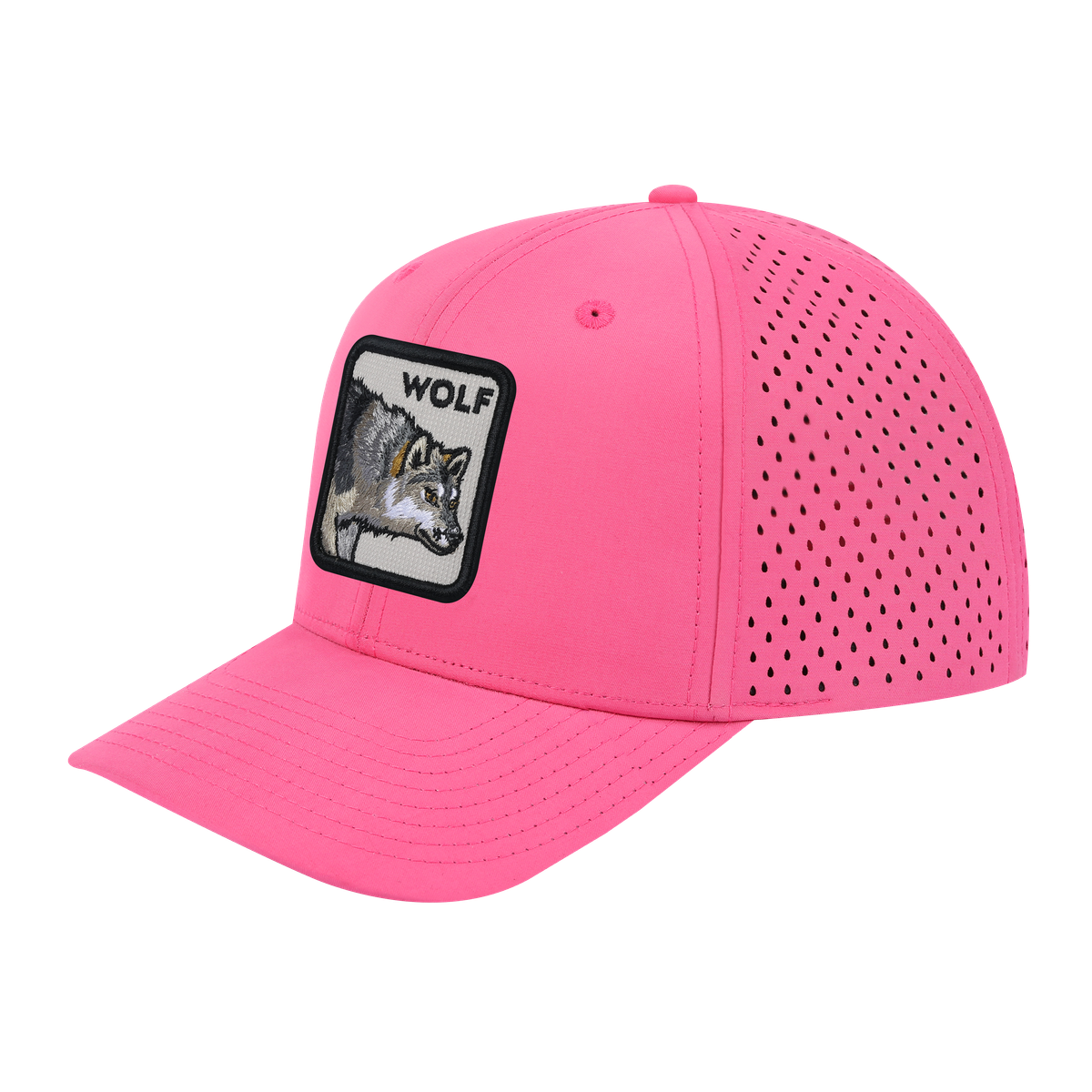 Wolf 6-Panel Microfiber Laser Hole Trucker Hat with Pink front and Pink back