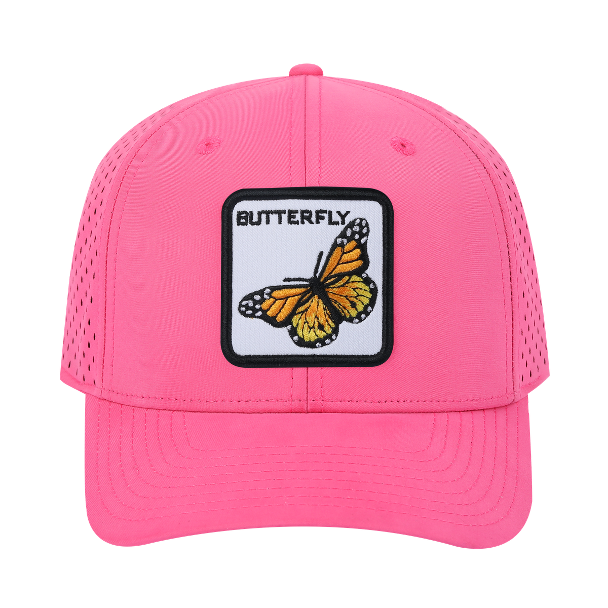 Butterfly 6-Panel Microfiber Laser Hole Trucker Hat with Pink front and Pink back