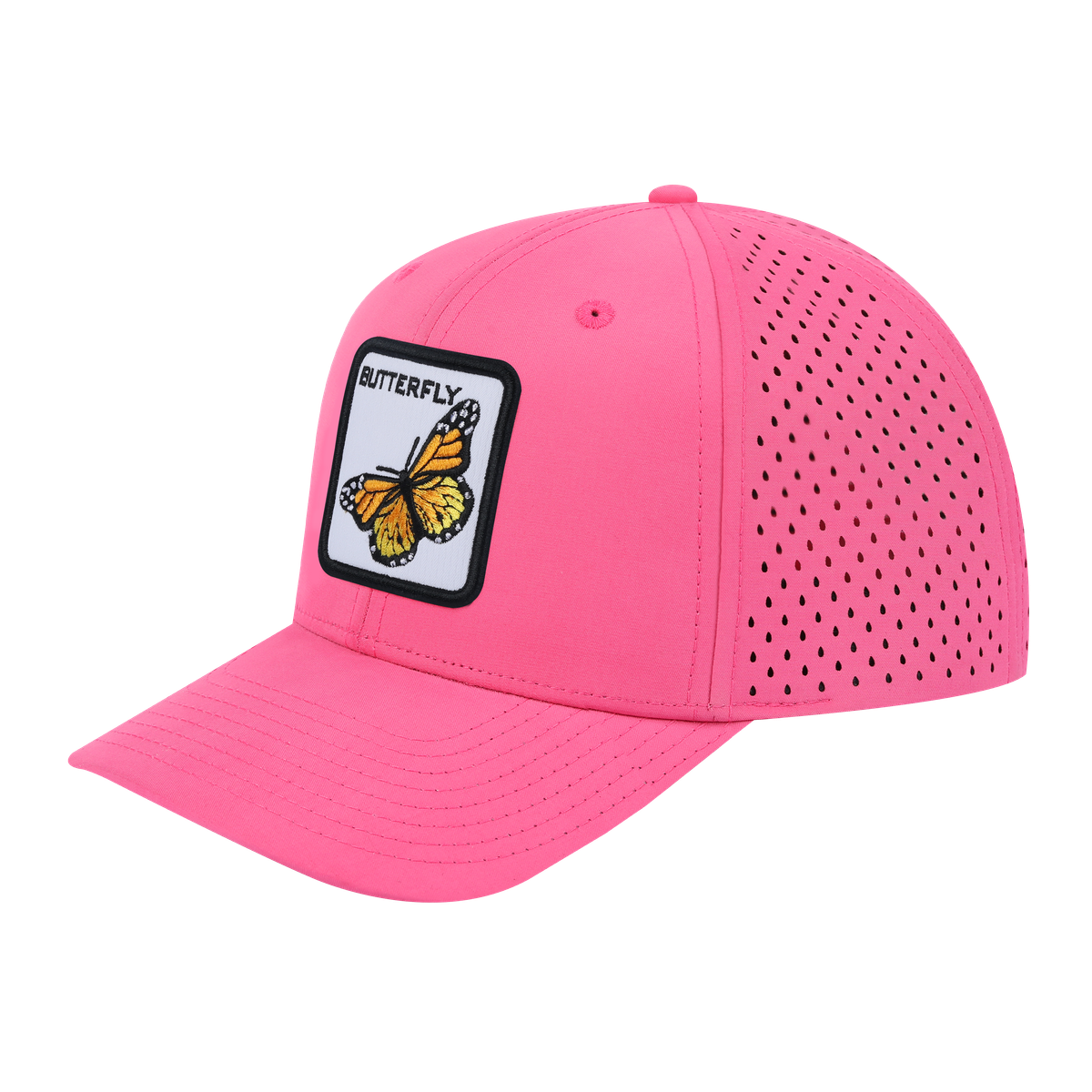 Butterfly 6-Panel Microfiber Laser Hole Trucker Hat with Pink front and Pink back