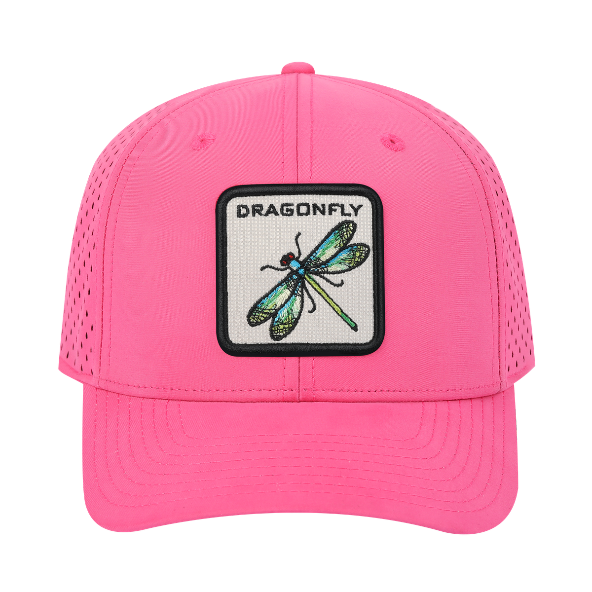 Dragonfly 6-Panel Microfiber Laser Hole Trucker Hat with Pink front and Pink back