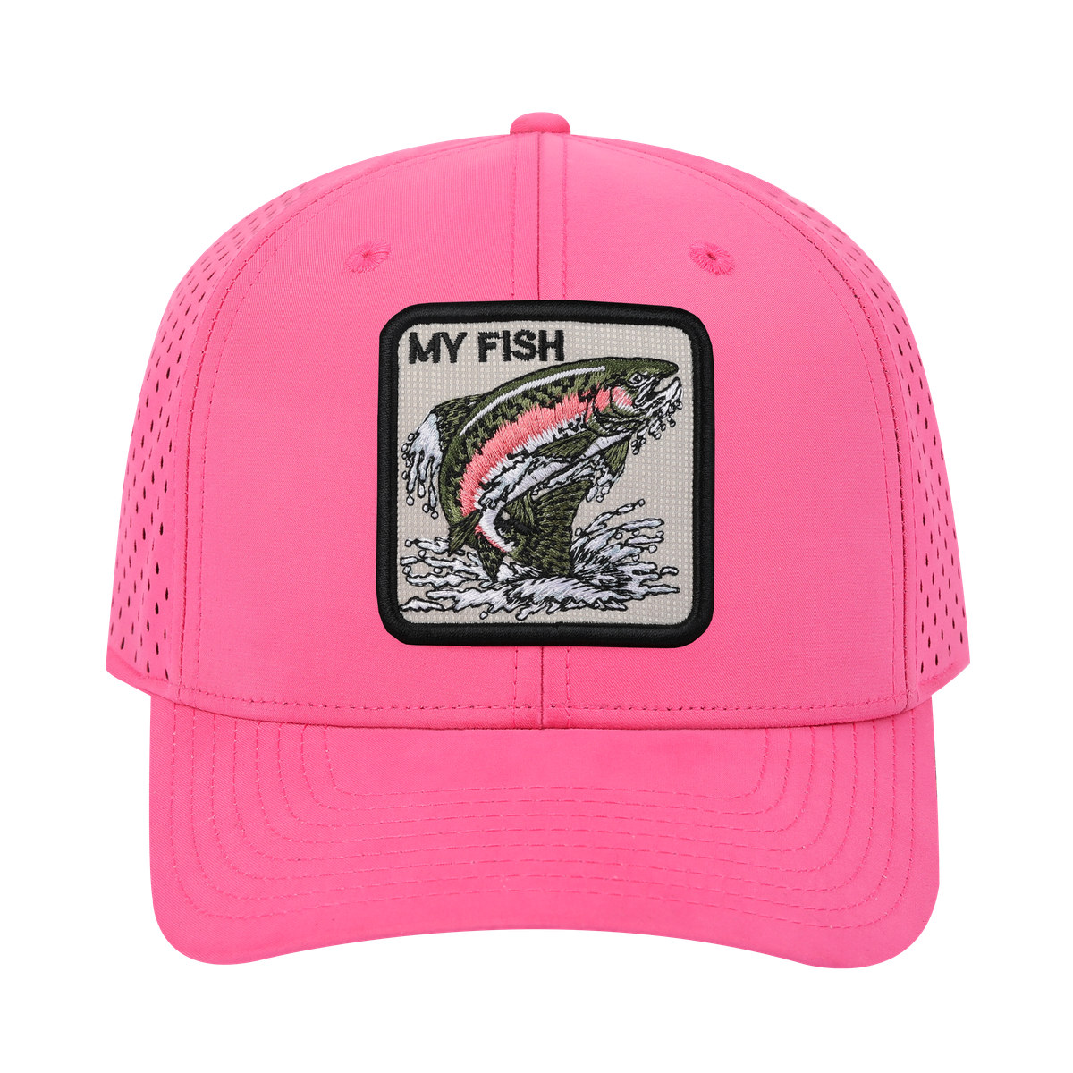 My Fish 6-Panel Microfiber Laser Hole Trucker Hat with Pink front and Pink back