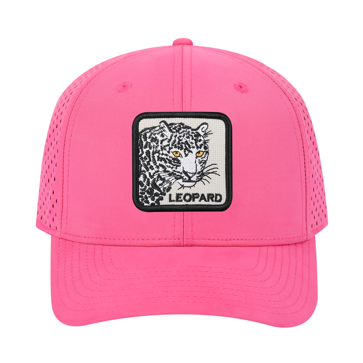 Leopard 6-Panel Microfiber Laser Hole Trucker Hat with Pink front and Pink back