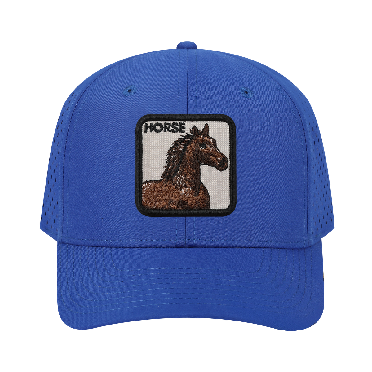 Horse 6-Panel Microfiber Laser Hole Trucker Hat with Royal Blue front and Royal Blue back
