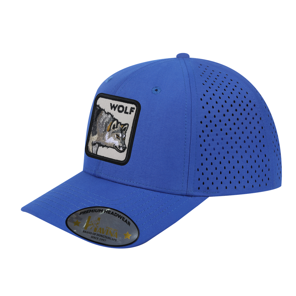 Wolf 6-Panel Microfiber Laser Hole Trucker Hat with Royal Blue front and Royal Blue back
