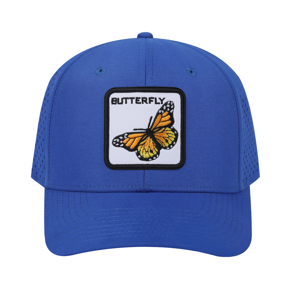 Butterfly 6-Panel Microfiber Laser Hole Trucker Hat with Royal Blue front and Royal Blue back