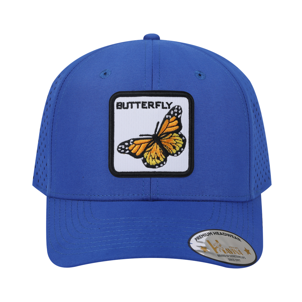 Butterfly 6-Panel Microfiber Laser Hole Trucker Hat with Royal Blue front and Royal Blue back